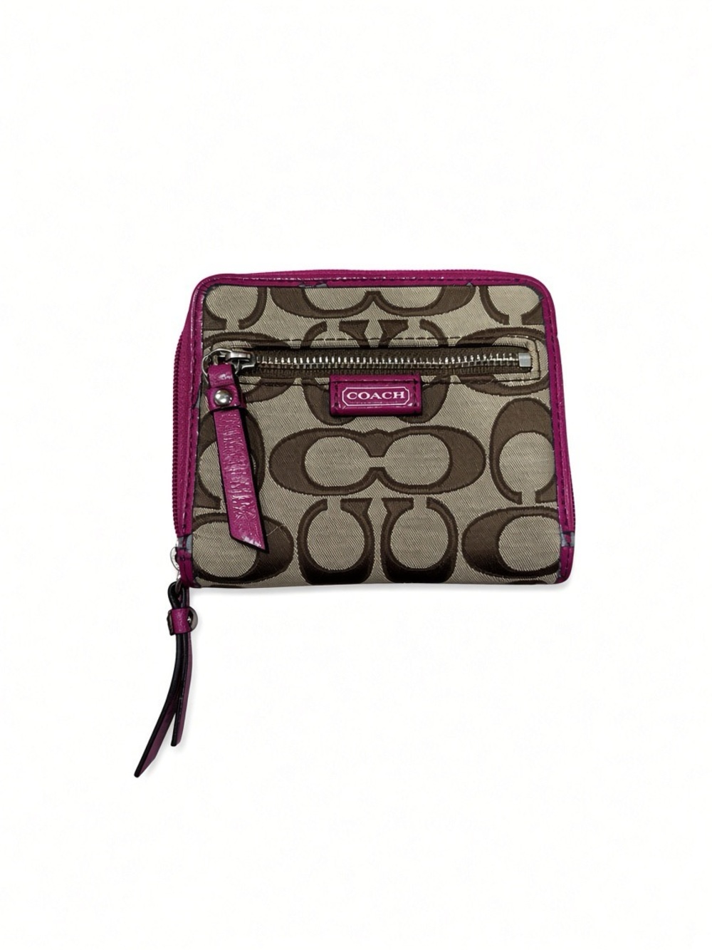 Coach Brown Signature Canvas Wallet with Pink Trim